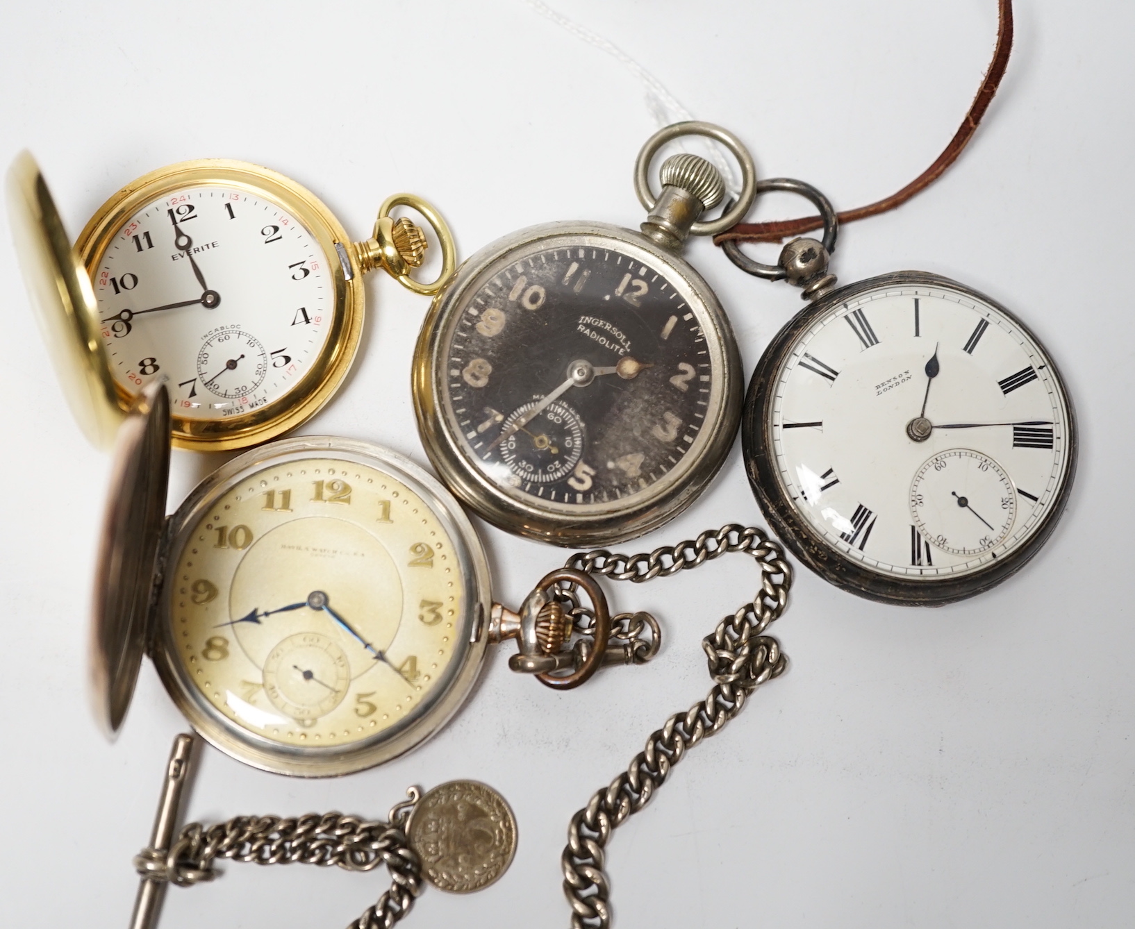 A silver open face pocket watch by Benson, London, an 800 standard hunter pocket watch by Havila and two others including a black dial Ingersoll Radiolite.
